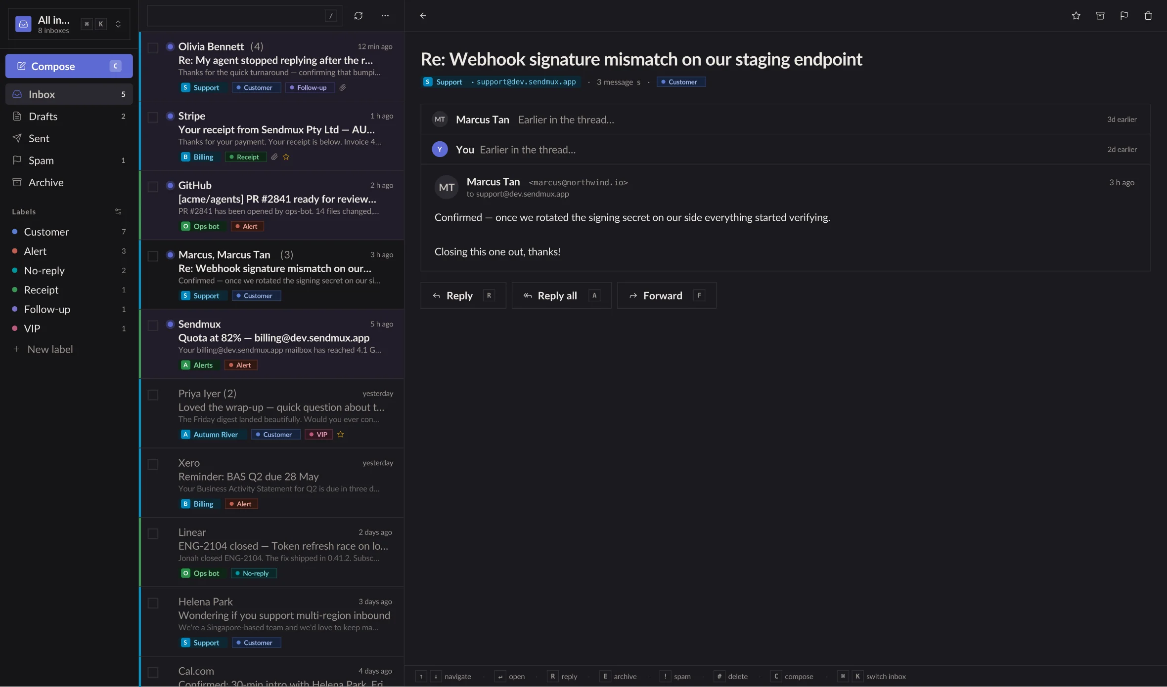 Sendmux unified inbox: eight agent inboxes shown in one view, with a thread list and an open conversation