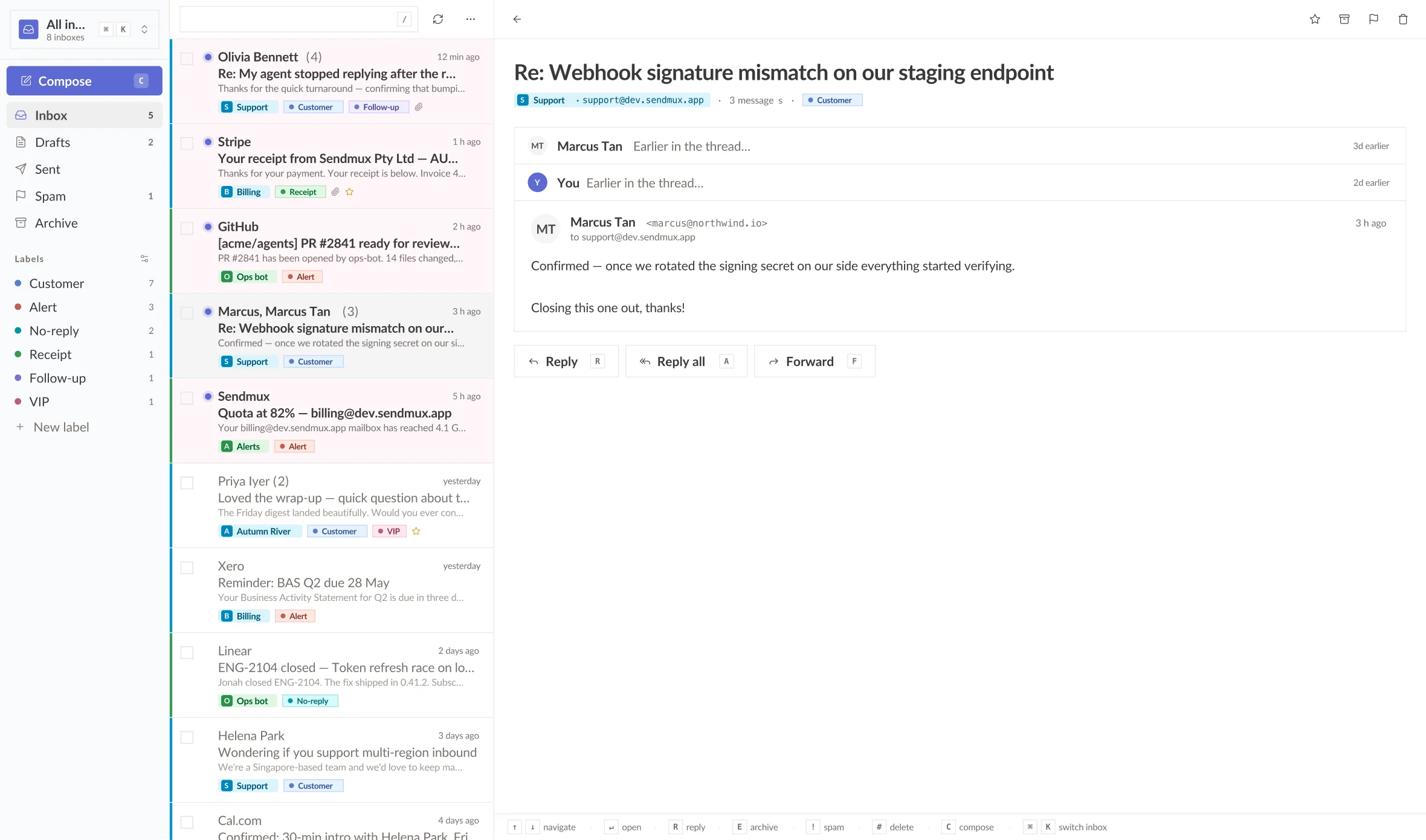 Sendmux unified inbox: eight agent inboxes shown in one view, with a thread list and an open conversation